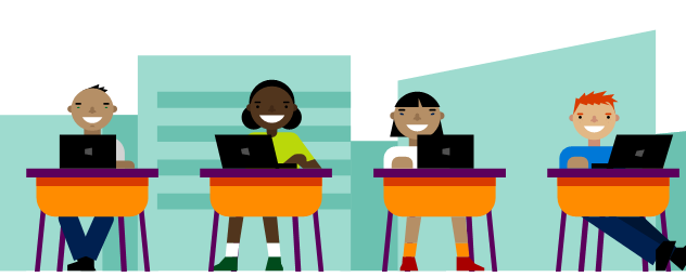 Illustration of four students sitting at desks with their own laptop.